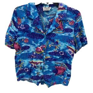 Box Office Island Womens Small button up Shirt Multicolor Short Sleeve Aloha VTG